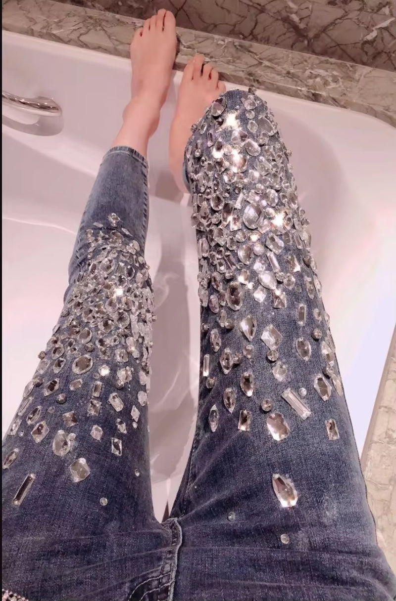 Fashion Vintage Women Luxury Embroidered Flares Diamond Denim Jeans Women Beaded Skinny Pencil
