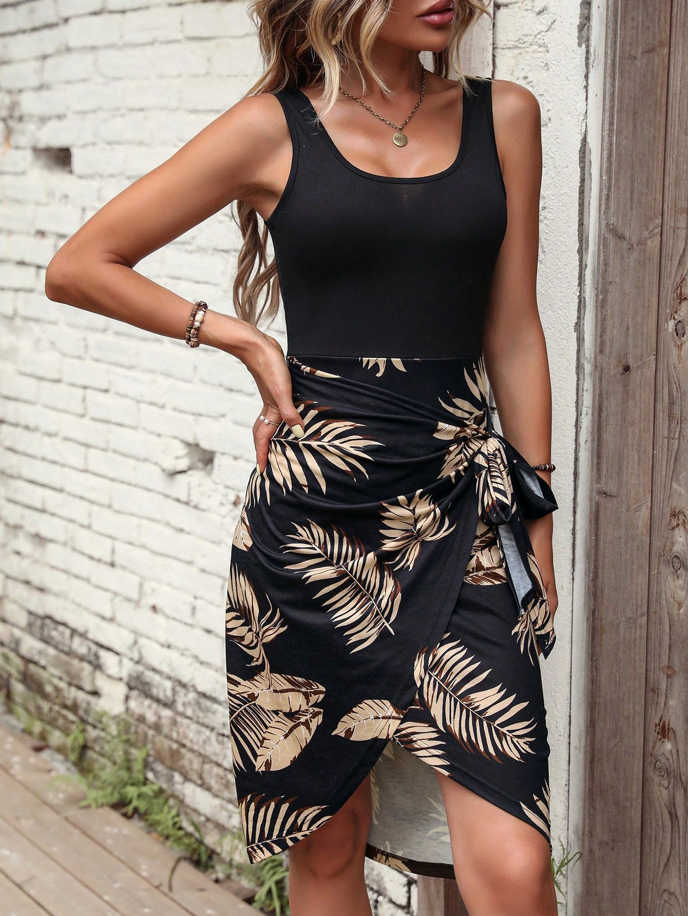 VCAY Tropical Print Knot Side Wrap Hem Dress