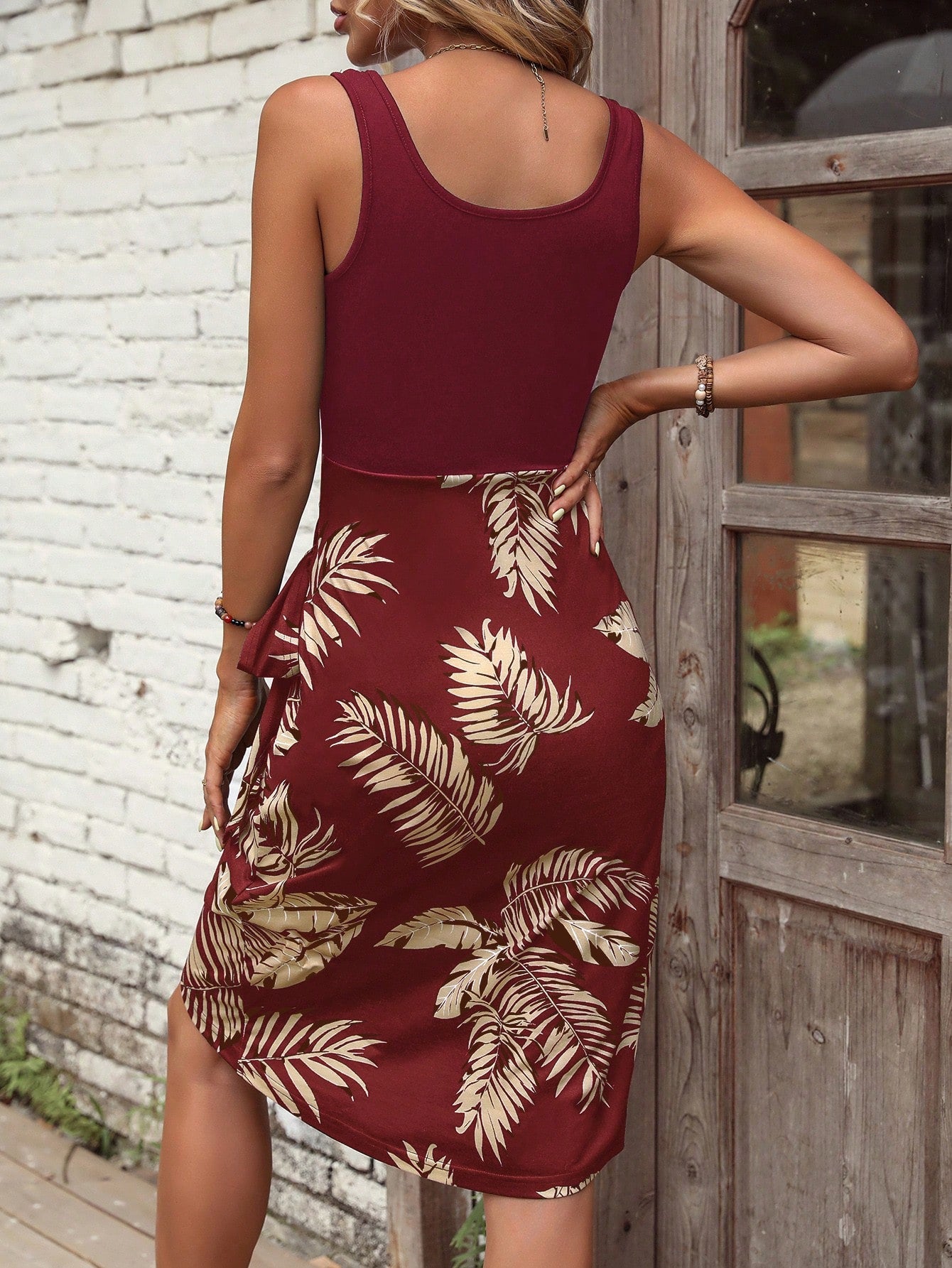 VCAY Tropical Print Knot Side Wrap Hem Dress