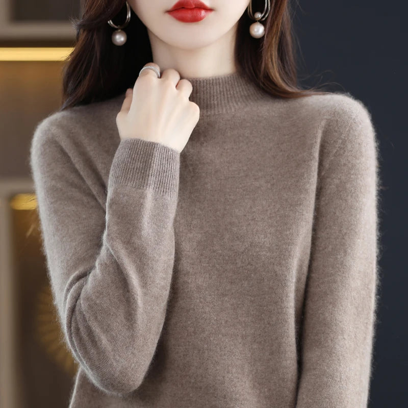 100% Merino Wool Cashmere Sweater Women'S Sweater Semi-High-Necked Long-Sleeved Pullover New Warm Pullover in Autumn and Winter.
