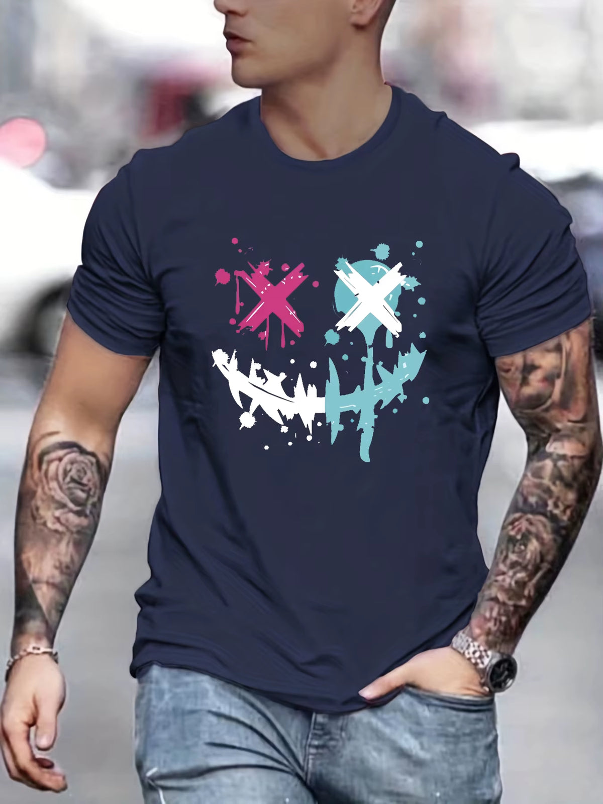 Summer Men'S 100% Pure Cotton Casual Loose Size Smiley Face Pattern Printed Sports Comfortable round Neck Short Sleeved T-Shirt