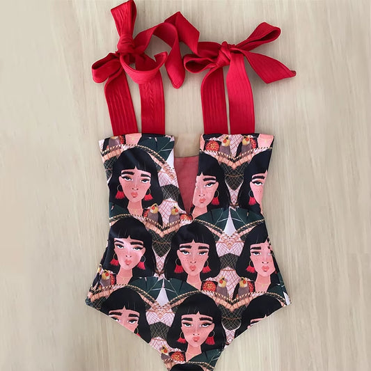 One Piece Swimsuit New Cute Swimwear Women Bow Swimwear Hollow Out Bathing Suit Back Crisscross Monokini Swim