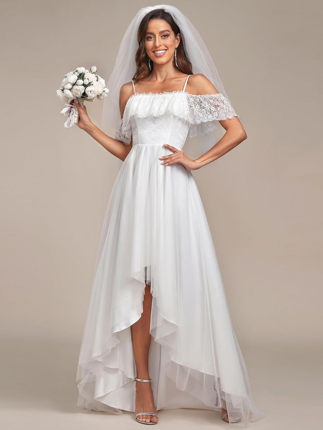 Wedding Dress Women'S a Line off Shoulder High Low Spaghetti Straps Lace Bridal Dress 90340