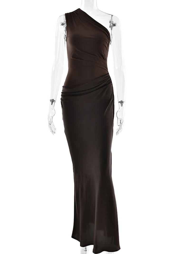 Patchwork Satin Sexy One Shoulder Women Maxi Dress Brown Sleeveless Evening Dress Summer Slim Elegant Party Clubwear