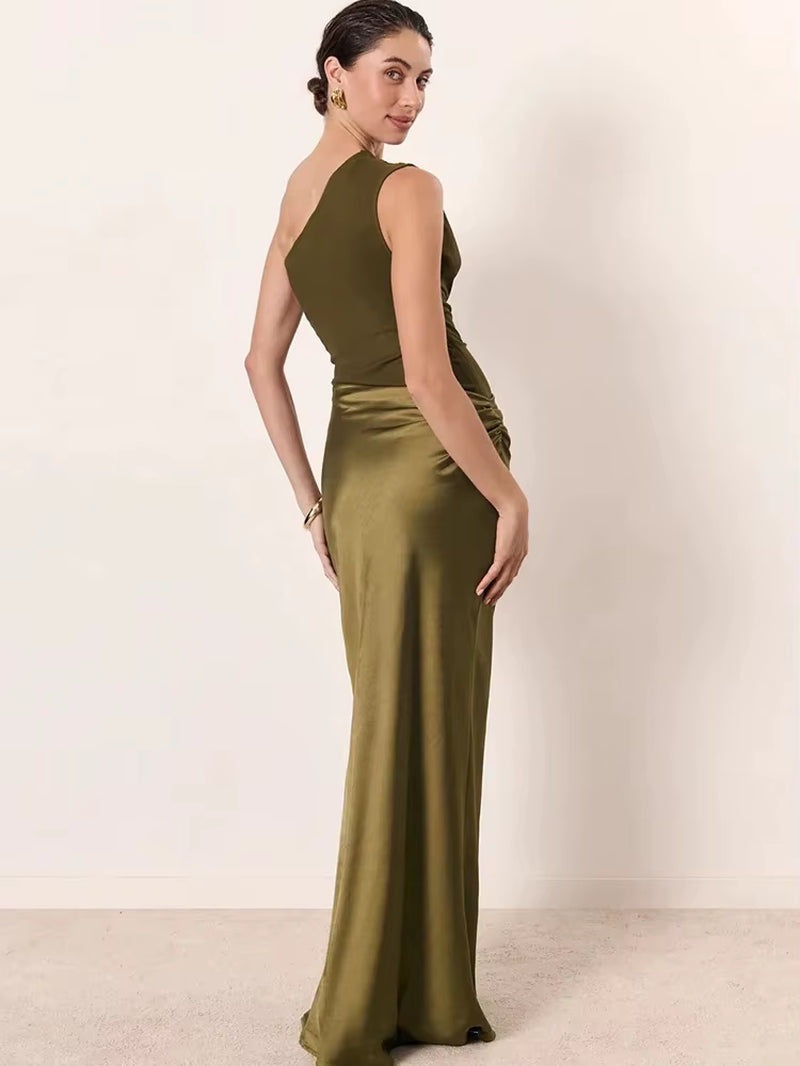 Patchwork Satin Sexy One Shoulder Women Maxi Dress Brown Sleeveless Evening Dress Summer Slim Elegant Party Clubwear