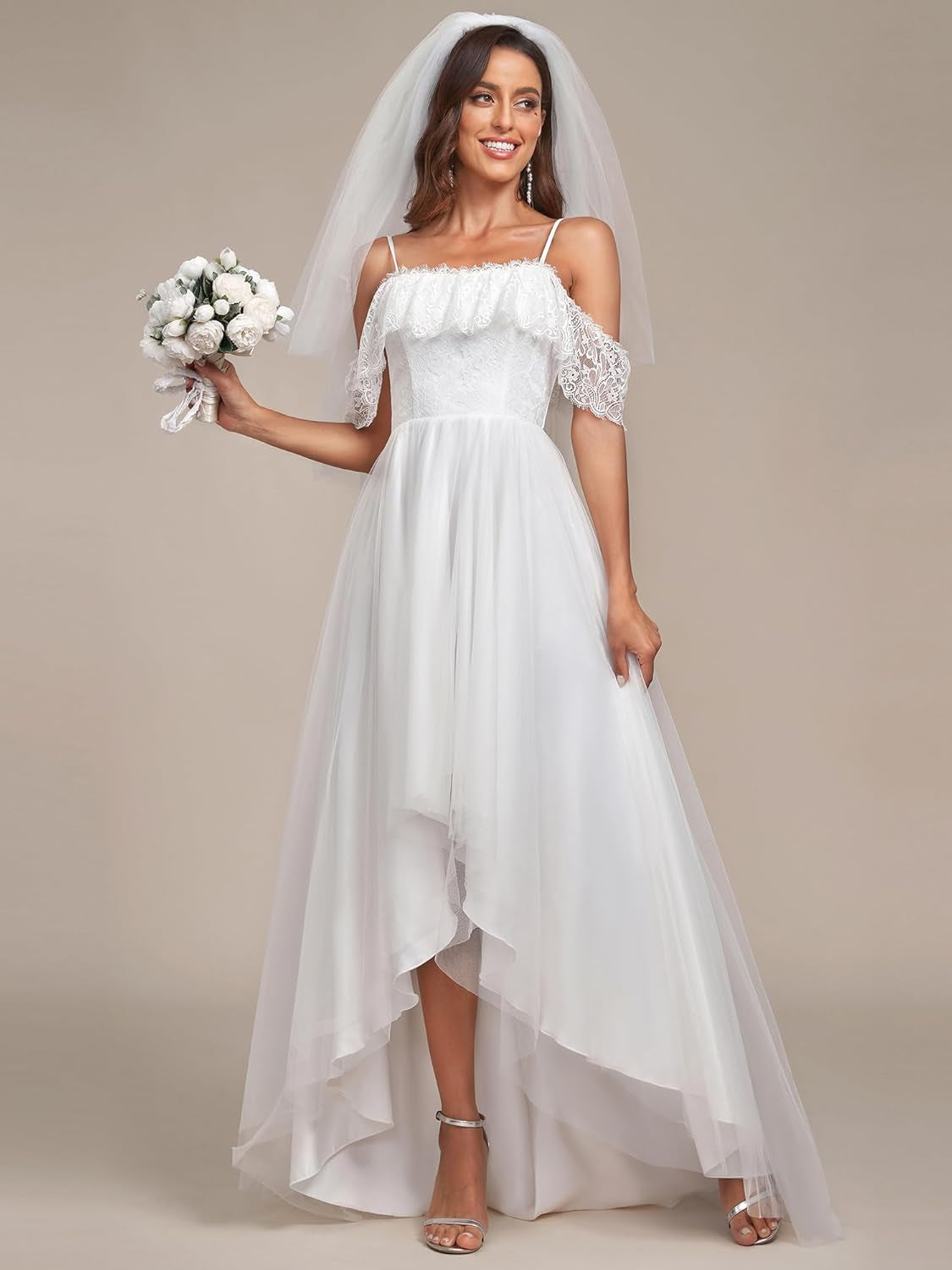 Wedding Dress Women'S a Line off Shoulder High Low Spaghetti Straps Lace Bridal Dress 90340