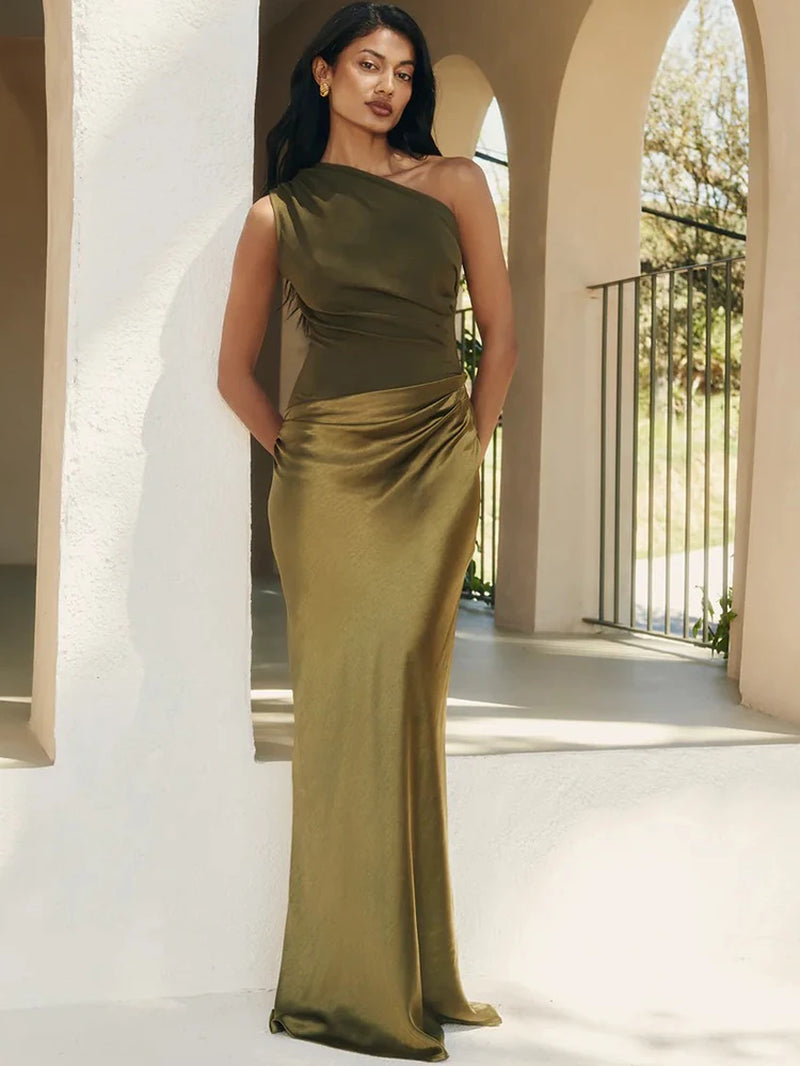 Patchwork Satin Sexy One Shoulder Women Maxi Dress Brown Sleeveless Evening Dress Summer Slim Elegant Party Clubwear