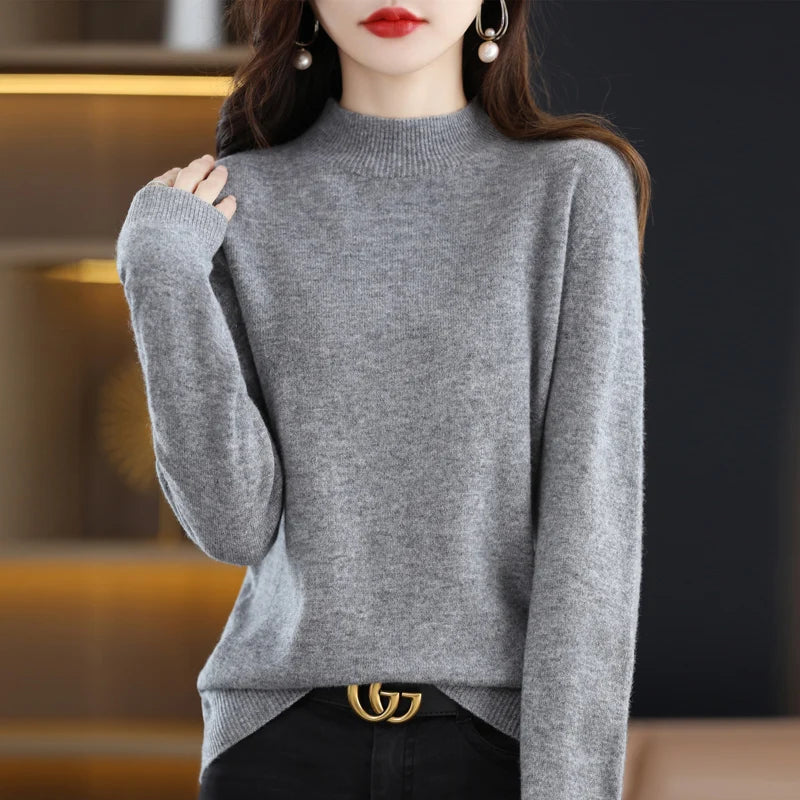 100% Merino Wool Cashmere Sweater Women'S Sweater Semi-High-Necked Long-Sleeved Pullover New Warm Pullover in Autumn and Winter.