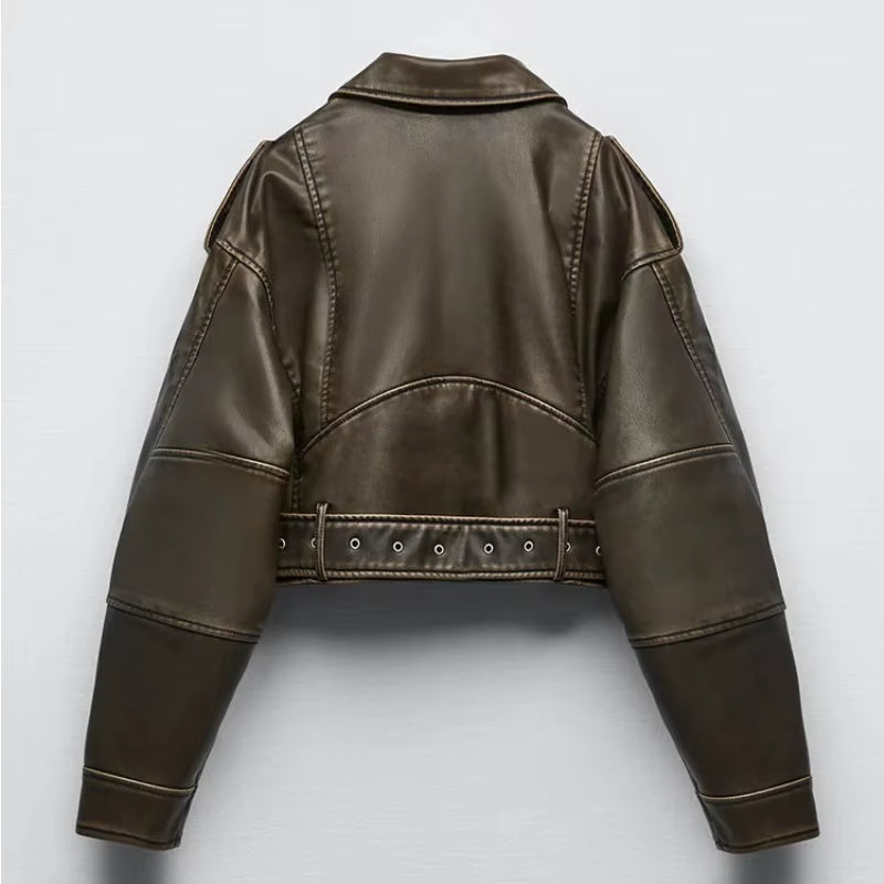 2025 Vintage Loose Pu Faux Leather Short Jacket with Belt Streetwear Female Zipper Retro Moto Biker Coat Outwear Tops