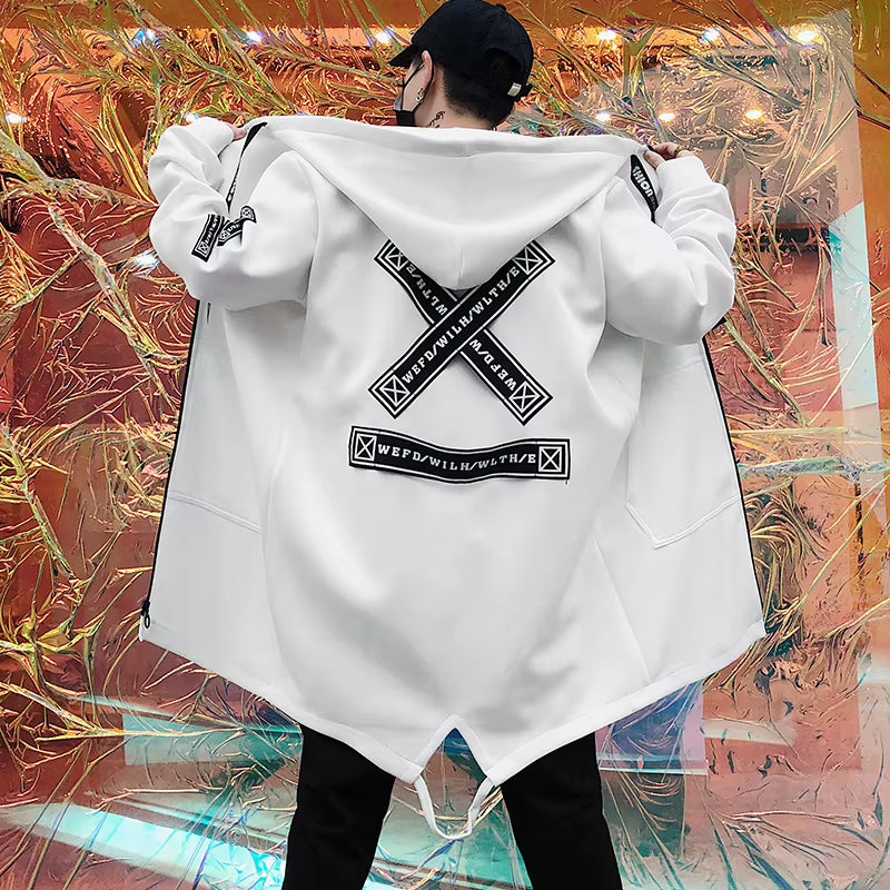 New Men Streetwear Black Jackets and Coats Hip Hop Harajuku Hooded Men'S Windbreaker Overcoat Mens Clothing Outwear M-5XL