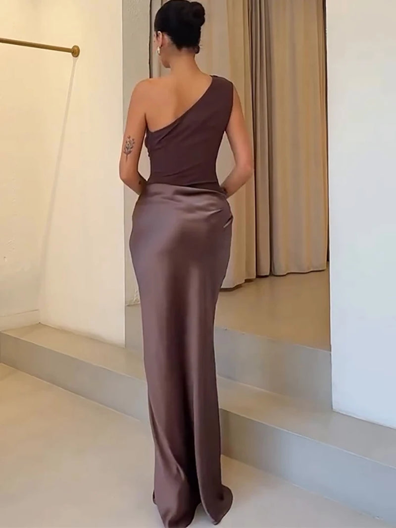 Patchwork Satin Sexy One Shoulder Women Maxi Dress Brown Sleeveless Evening Dress Summer Slim Elegant Party Clubwear