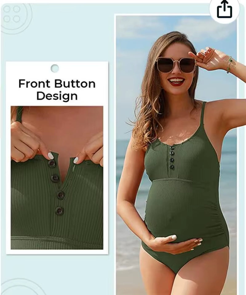 2023 Maternity Swimwear One Piece Swimsuit Beachwear Solid Summer Swimwear Women