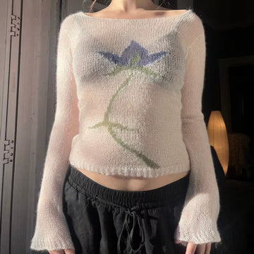 Flower Long Sleeve Knitted Crop Tops Aesthetic See through Sweater Tees 90S Vintage Y2K Gyaru Crop Tops Jumpers Cottage Clothes