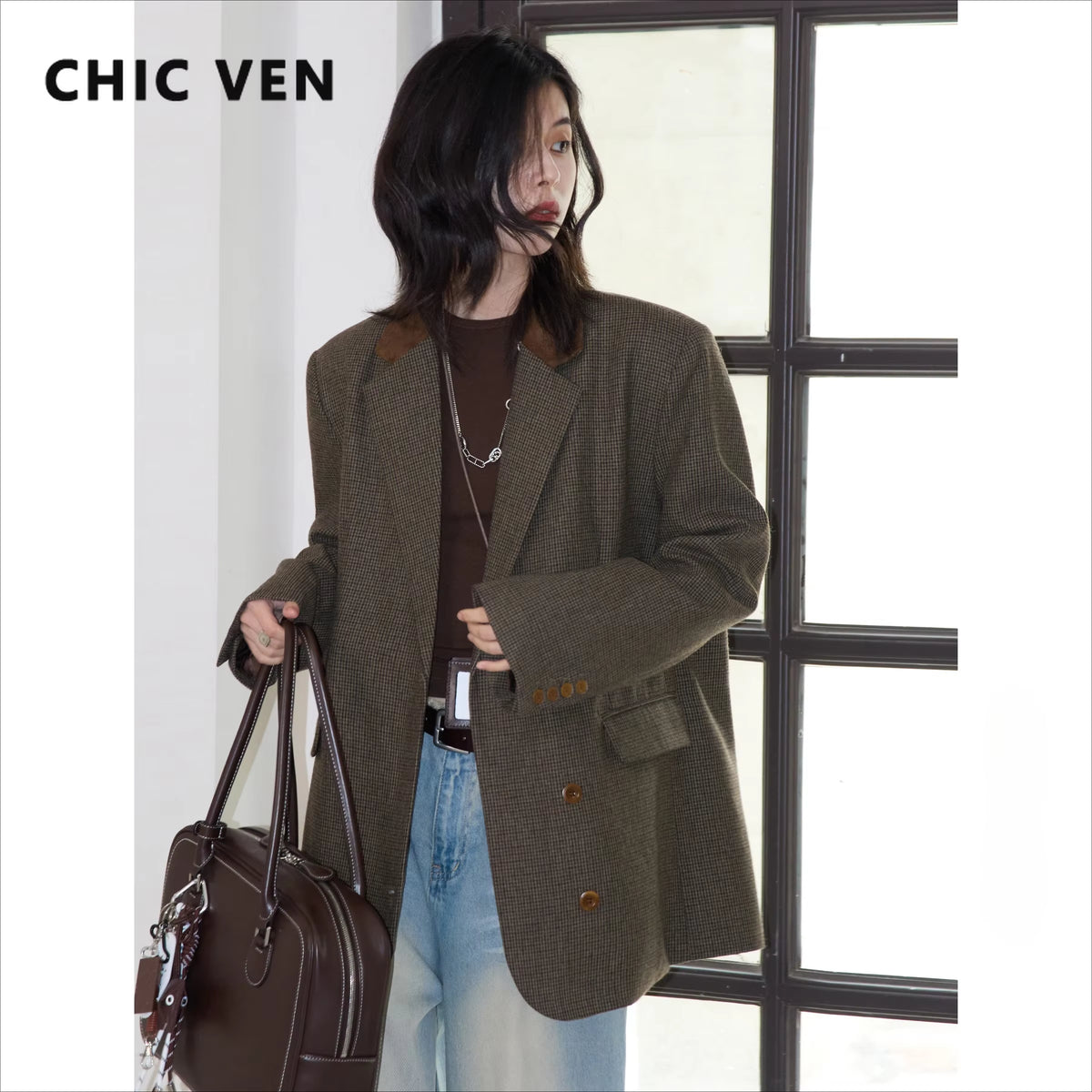 Women'S Woolen Blazer Loose Retro Single Breasted Female Jacket Mid Length Plaid Coat for Woman Autumn Winter 2024
