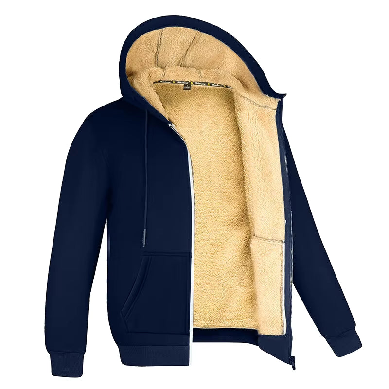 Winter Lambswool Zipper Hoodies High Quality Fleece Jackets Plus-Size Thick Warm Jacket Solid Color Outwear Hooded Coat for Men