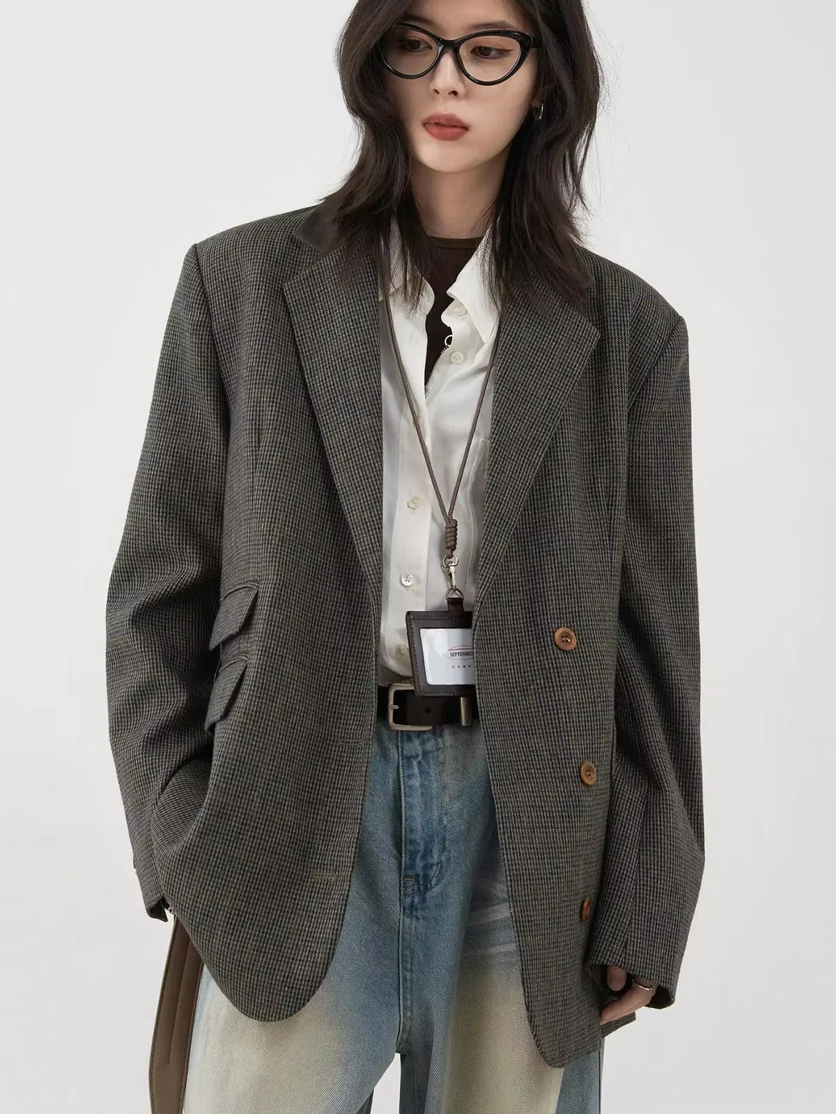 Women'S Woolen Blazer Loose Retro Single Breasted Female Jacket Mid Length Plaid Coat for Woman Autumn Winter 2024
