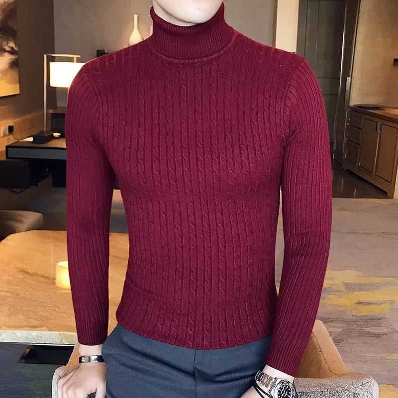 European and American New High-Neck Sweater. Men'S Solid Color Twisted Long-Sleeved Knitted Sweater for Winter.