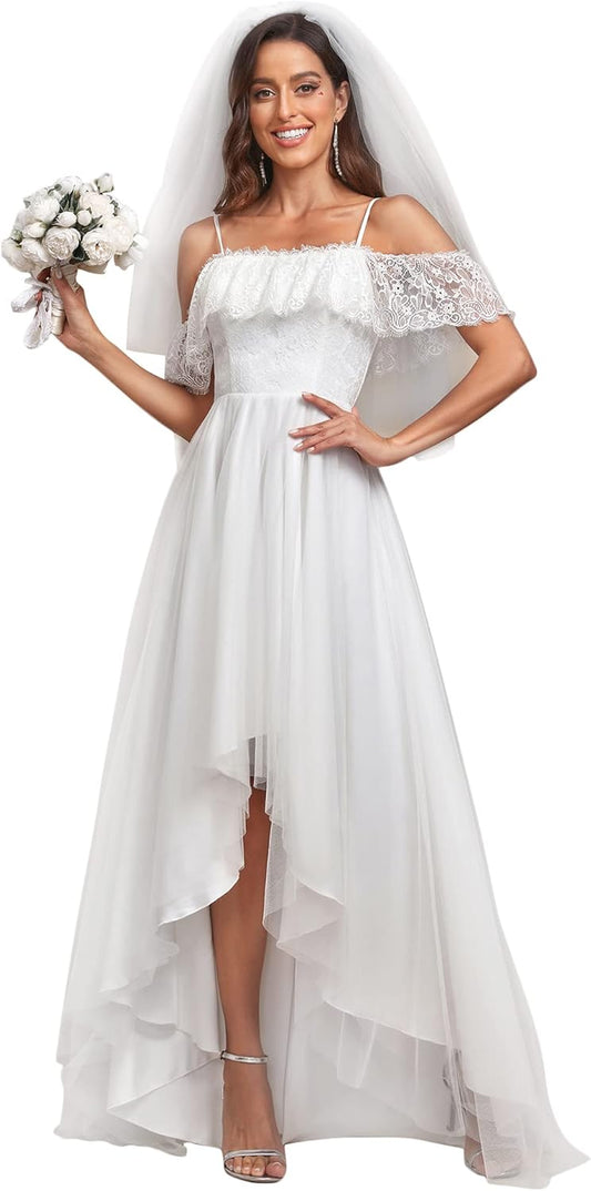 Wedding Dress Women'S a Line off Shoulder High Low Spaghetti Straps Lace Bridal Dress 90340