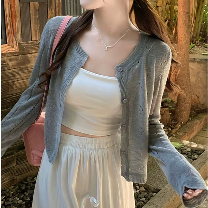 Grey Knitted Cardigan Thin Tops Women Summer Hollow Out Long Sleeve Button Sun Protected Korean Style Short Knitwear Tops Female
