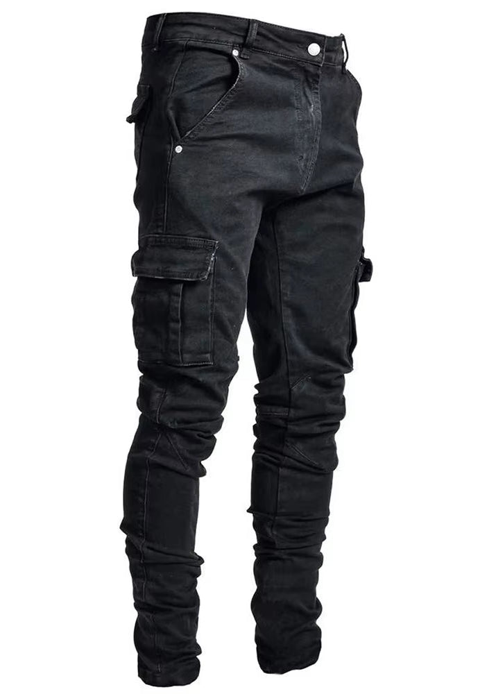 Street Elastic Jeans Men Denim Cargo Pants Wash Solid Color Multi Pockets Casual Mid Waist Trousers Slim Fit Daily Wear Joggers