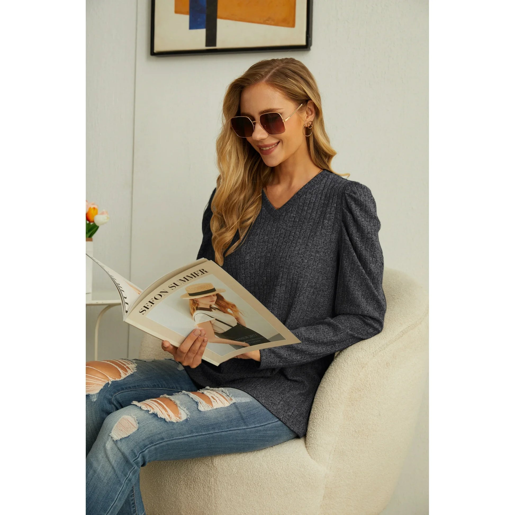 Long Sleeve Shirts for Women V Neck Casual Tunic Tops Lightweight Pullover Dark Gray-X-Large