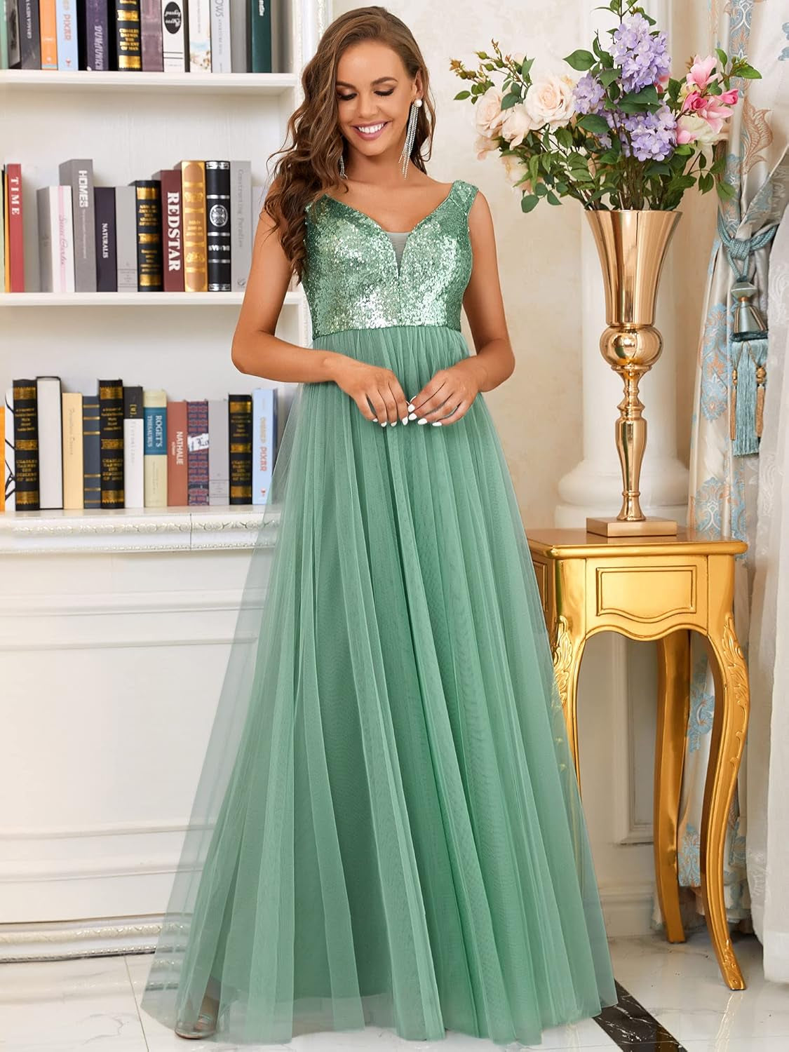 Womens V Neck A-Line Maxi Mother of the Groom Dress Mild Green US14
