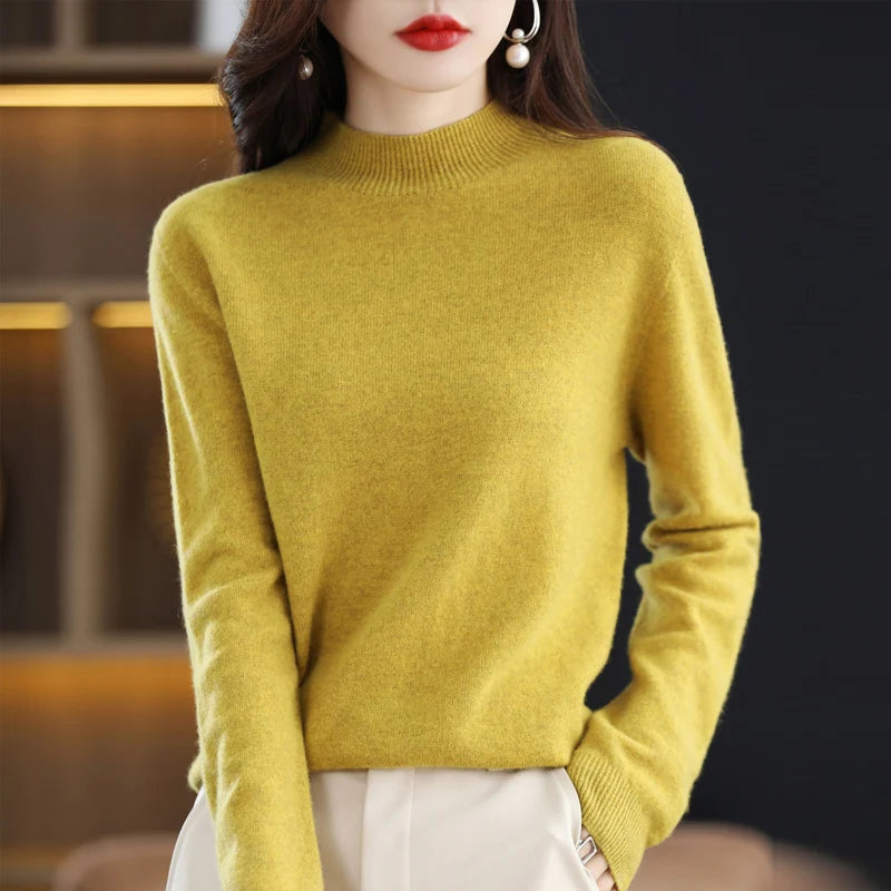 100% Merino Wool Cashmere Sweater Women'S Sweater Semi-High-Necked Long-Sleeved Pullover New Warm Pullover in Autumn and Winter.