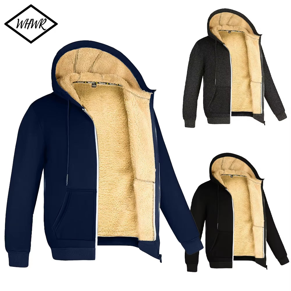 Winter Lambswool Zipper Hoodies High Quality Fleece Jackets Plus-Size Thick Warm Jacket Solid Color Outwear Hooded Coat for Men