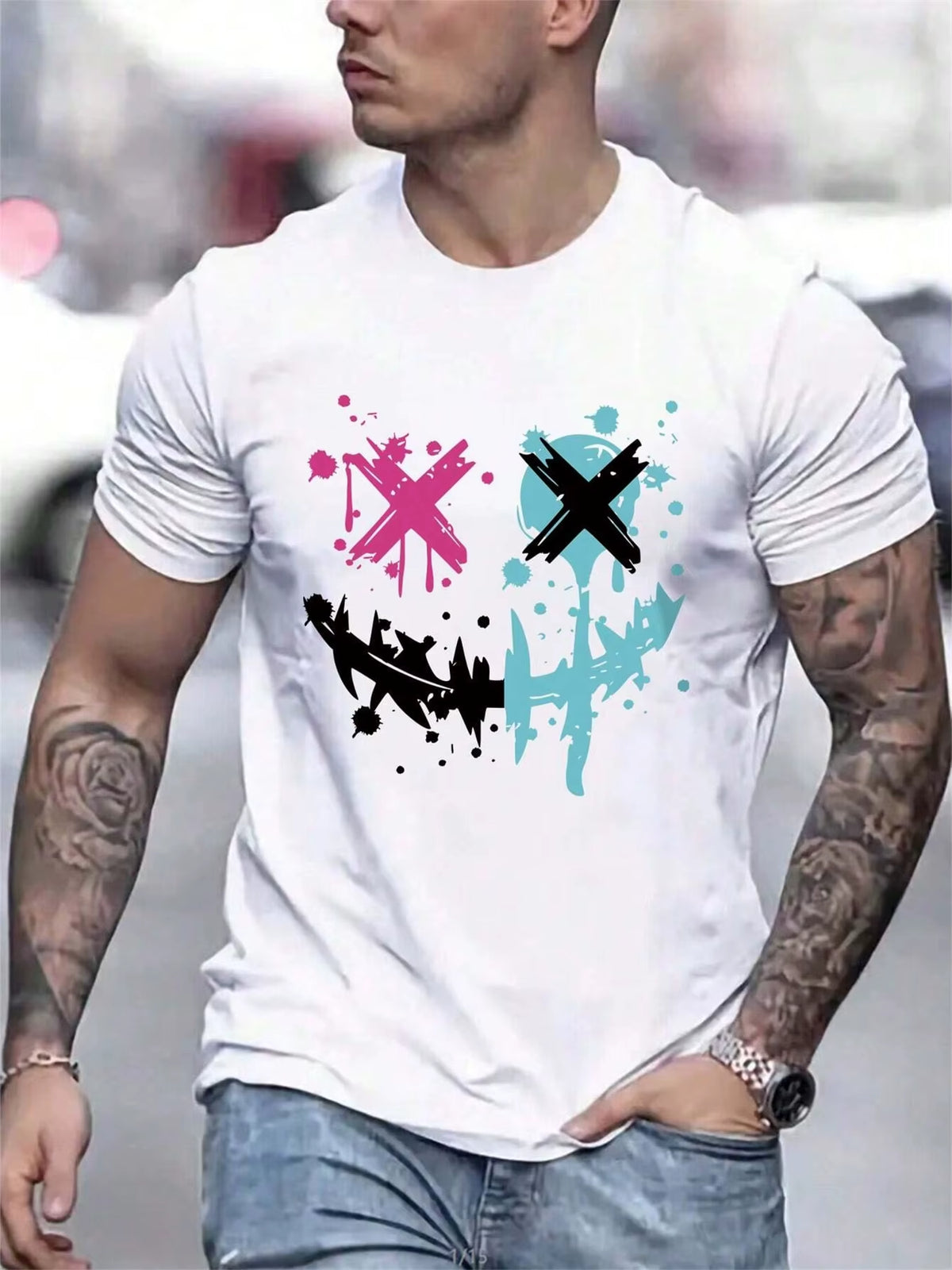 Summer Men'S 100% Pure Cotton Casual Loose Size Smiley Face Pattern Printed Sports Comfortable round Neck Short Sleeved T-Shirt