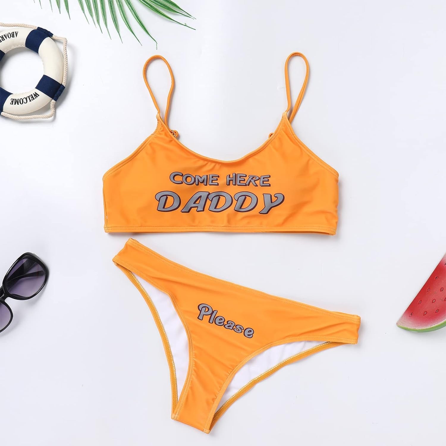 Women'S 2Pcs Come Here Daddy Please Printed Bikini Swimsuit Bathing Suit Padded Bra Top Panty Strappy Lingerie Set Sleepwear