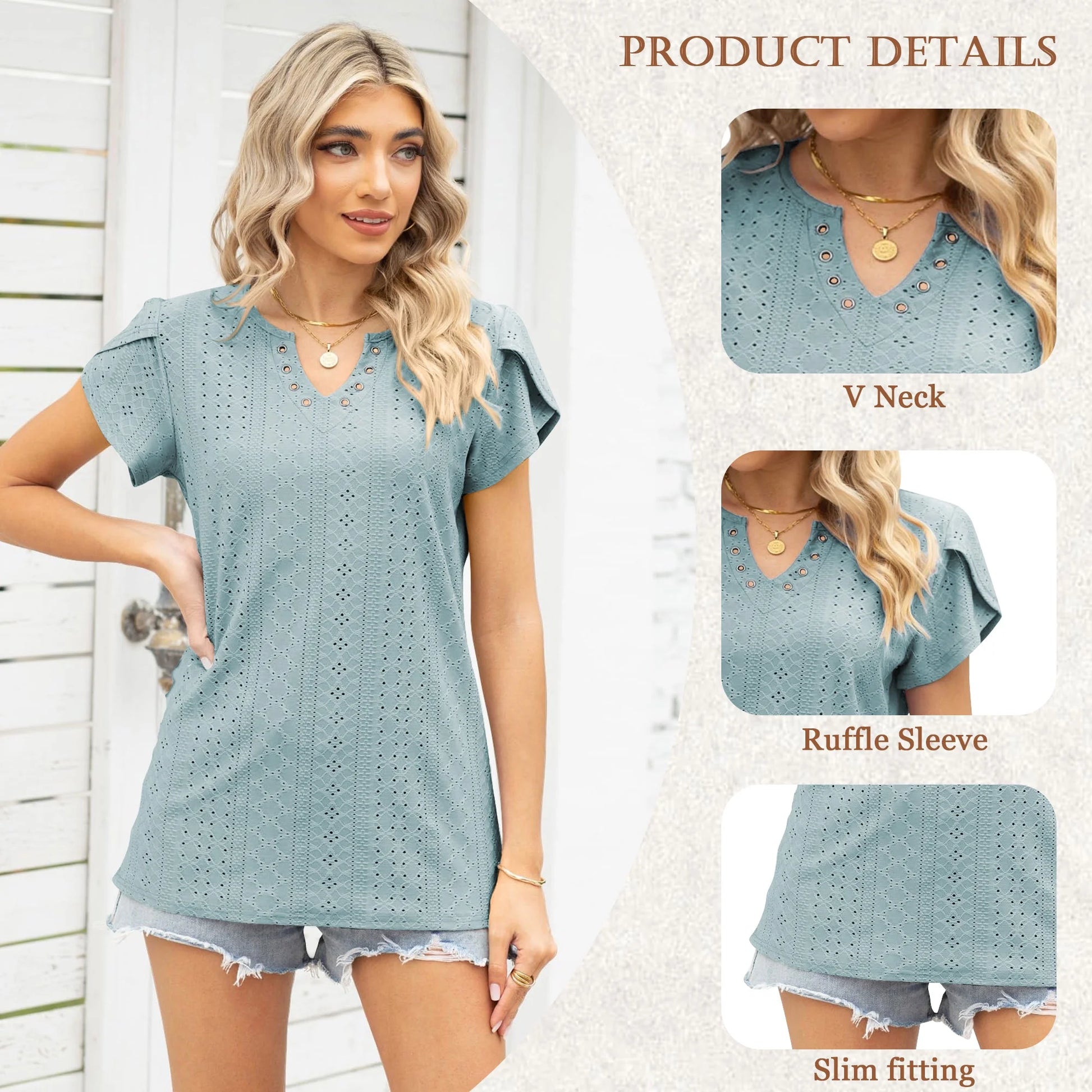 Women T-Shirts Summer Short Sleeve Tops Casual Ruffle Sleeve Tunic Tops Trendy V Neck Tops Loose Ladies Shirts Blouses Blue M