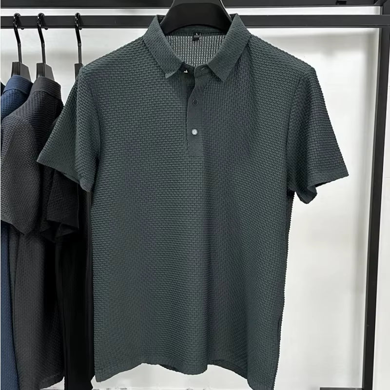 Summer New Men'S Lop-Up Hollow Short-Sleeved Polo Shirt Ice Silk Breathable Business Fashion T-Shirt Male Brand Clothes