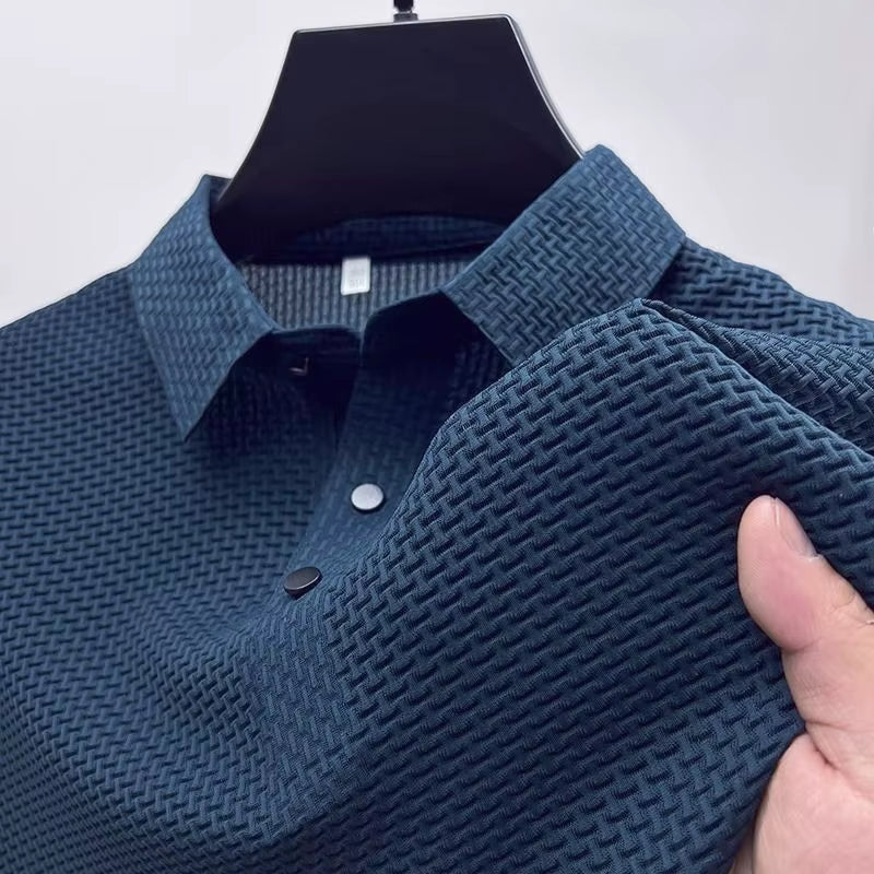 Summer New Men'S Lop-Up Hollow Short-Sleeved Polo Shirt Ice Silk Breathable Business Fashion T-Shirt Male Brand Clothes