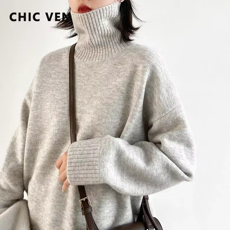 Korean Women'S Sweater Loose Turtleneck Sweaters Warm Solid Pullover Knitwear Basic Female Tops Autumn Winter 2022