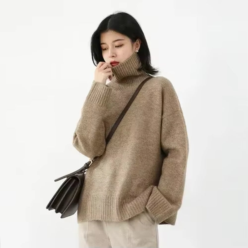 Korean Women'S Sweater Loose Turtleneck Sweaters Warm Solid Pullover Knitwear Basic Female Tops Autumn Winter 2022