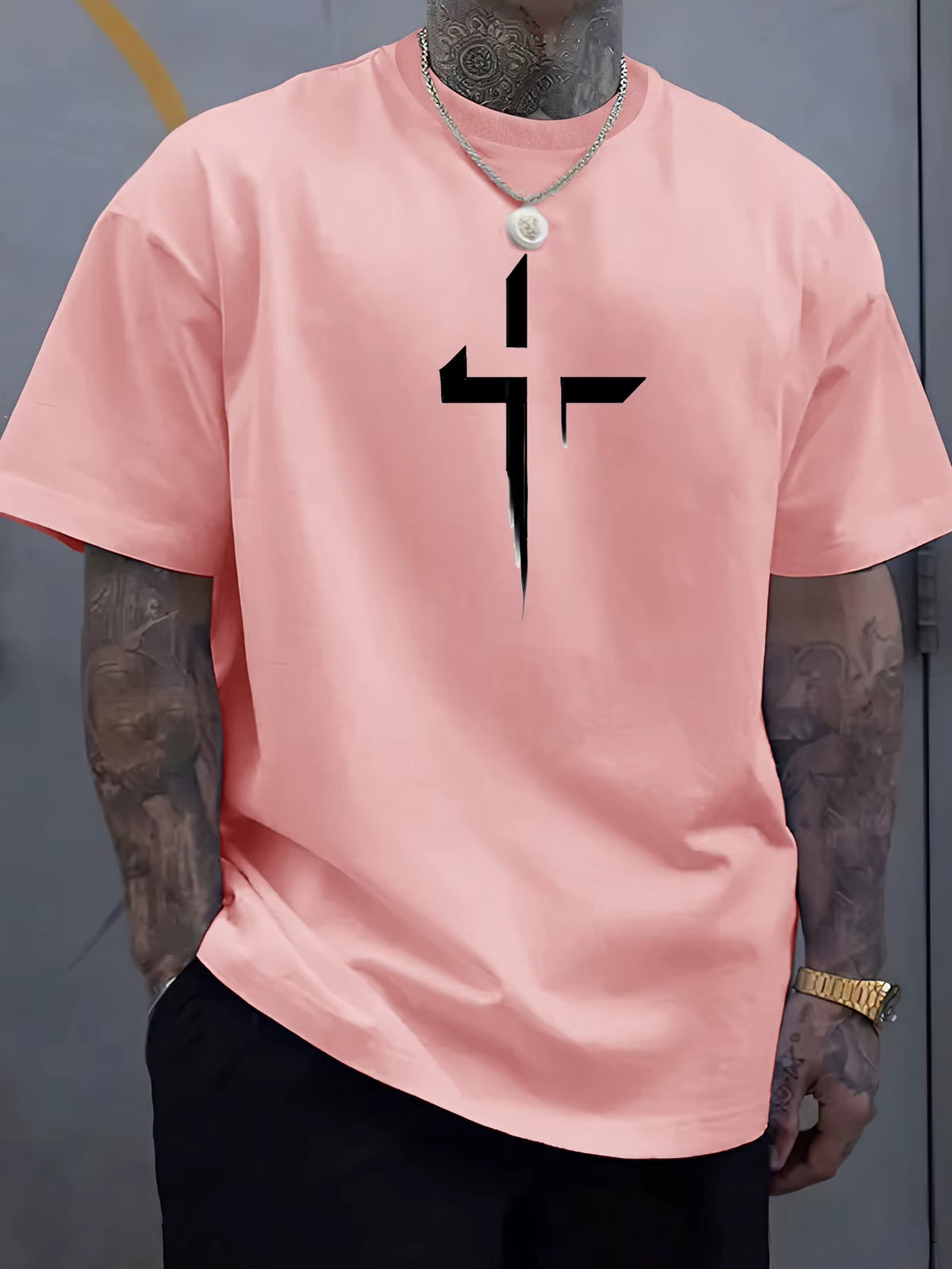Summer Men'S 100% Pure Cotton Casual Loose plus Size Cross Creative Printed Sports Comfortable round Neck Short Sleeved T-Shirt