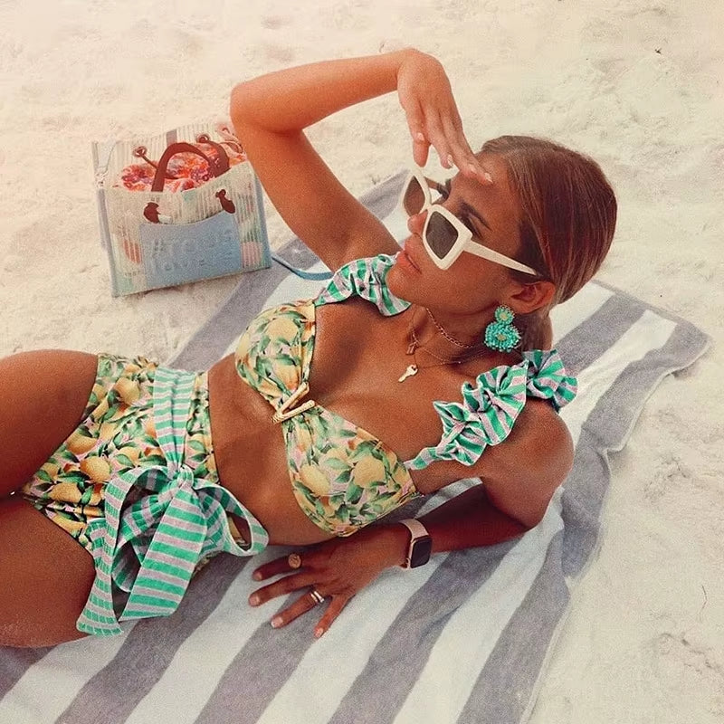 Two-Pieces Women Floral 2025 Push-Up Padded Bra Ruffles Bandage Bikini Set Swimsuit Swimwear Bathing Suit Beachwear Biquini
