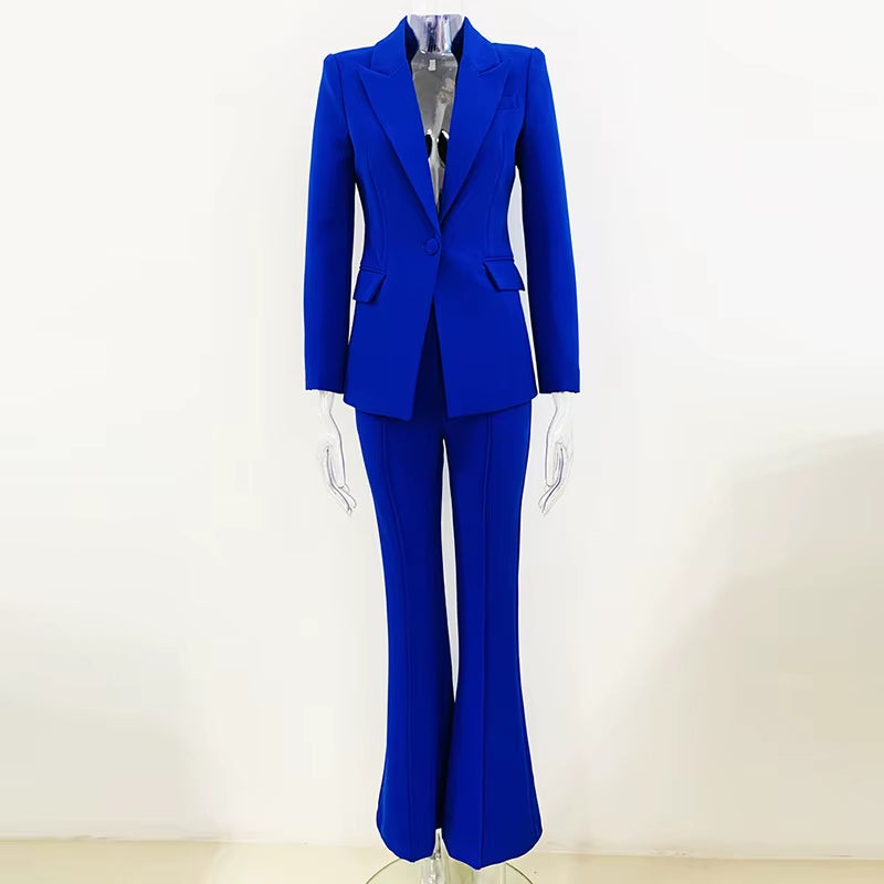 Office Ladies Pantsuit Women Yellow Purple Business Classic Single Buttons Flared Pants Blazer + Pants Two Piece Set Formal Suit