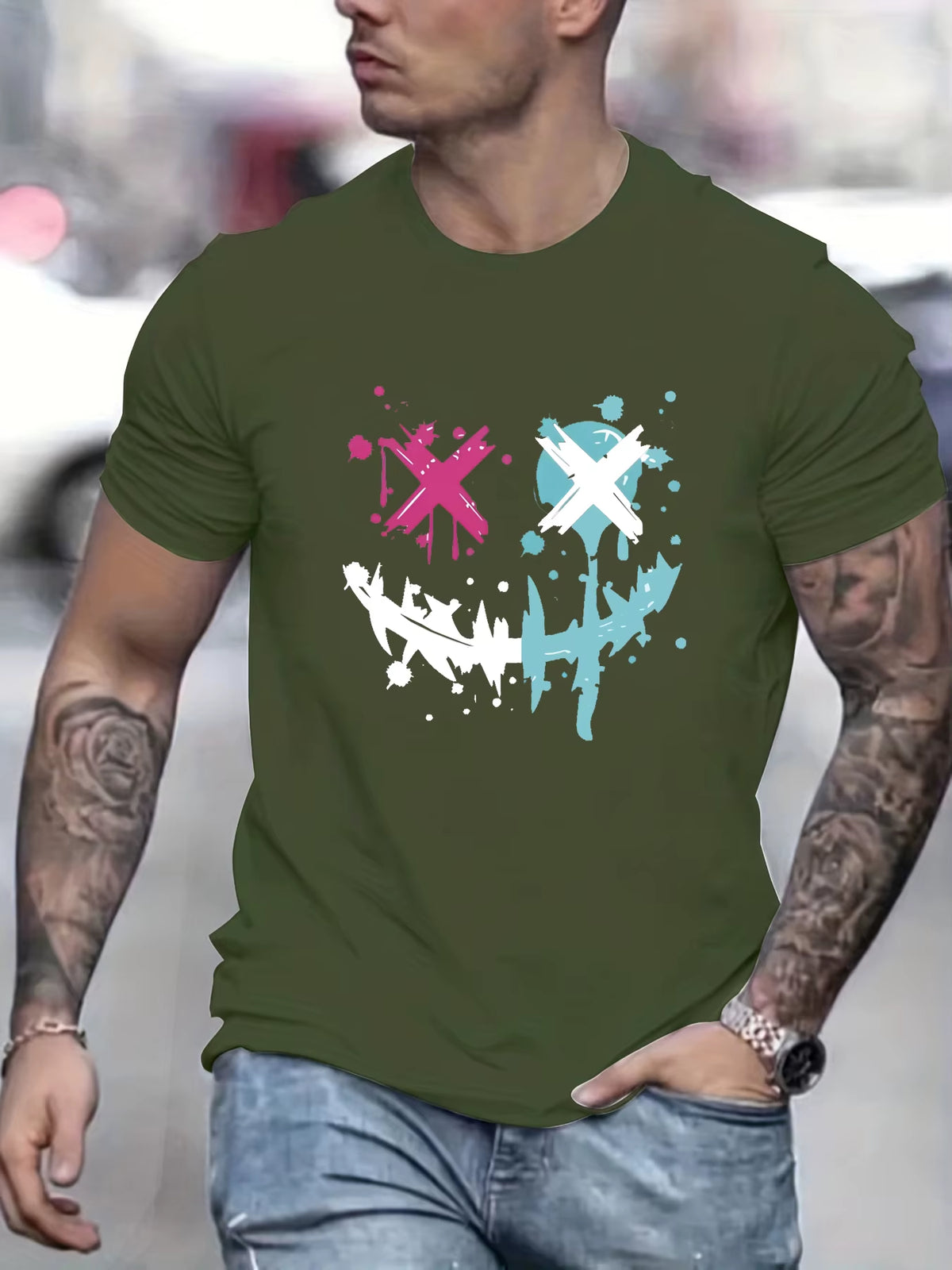 Summer Men'S 100% Pure Cotton Casual Loose Size Smiley Face Pattern Printed Sports Comfortable round Neck Short Sleeved T-Shirt