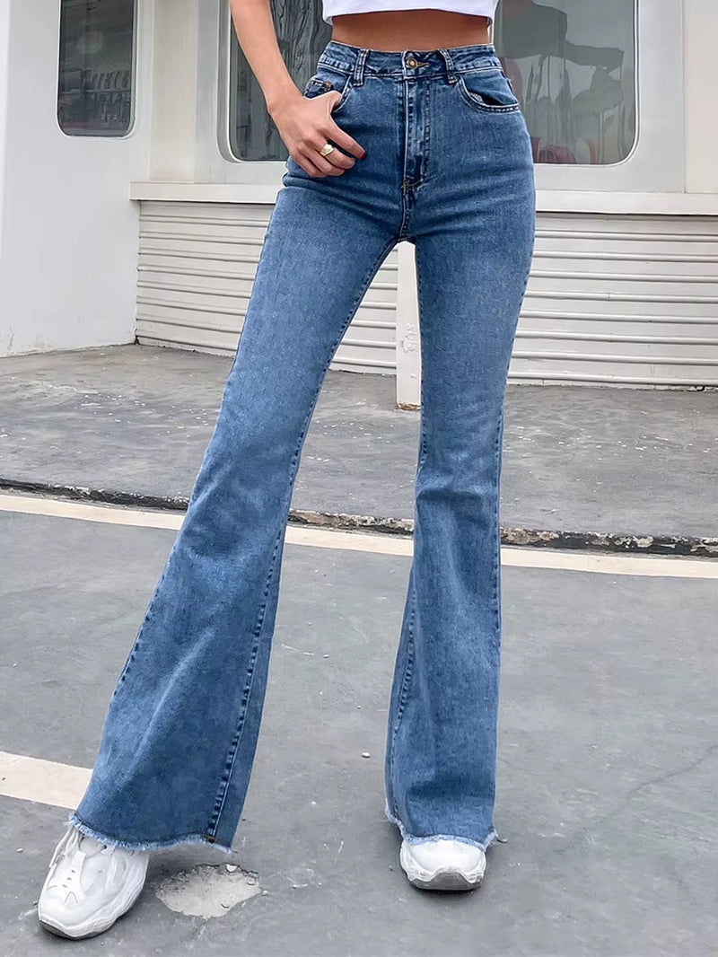 Button Fly Women'S Raw Hem Flare Jeans Autumn Fashion Woman Denim Pants Jean Femme High Waist Full Length Slim Jeans