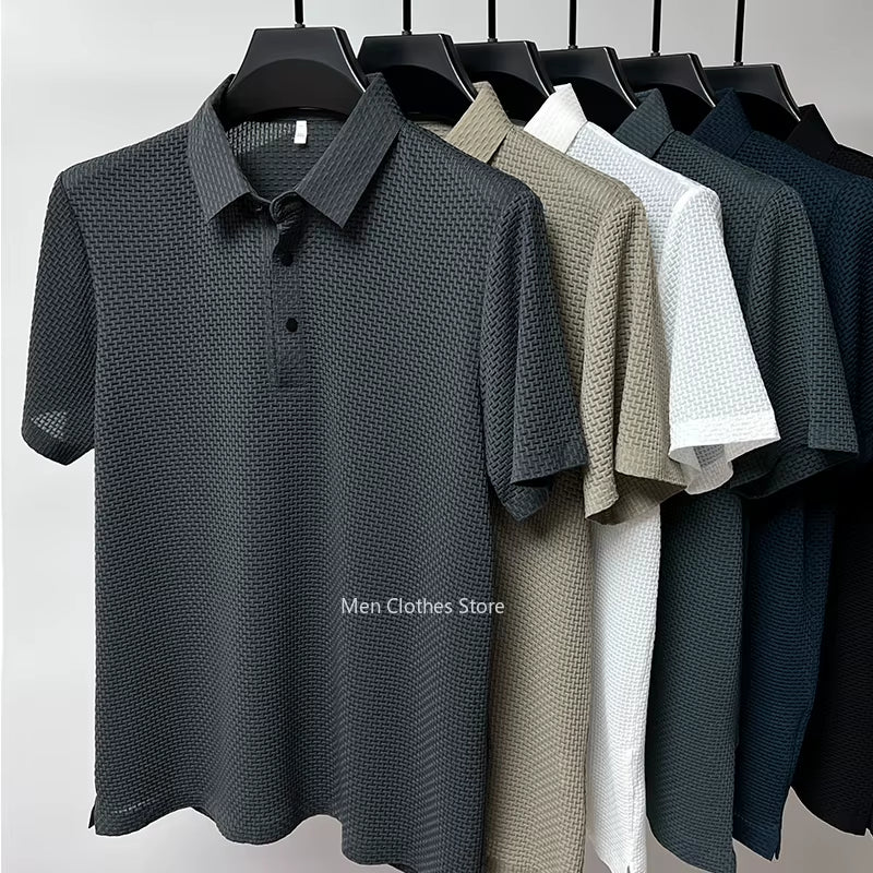 Summer New Men'S Lop-Up Hollow Short-Sleeved Polo Shirt Ice Silk Breathable Business Fashion T-Shirt Male Brand Clothes
