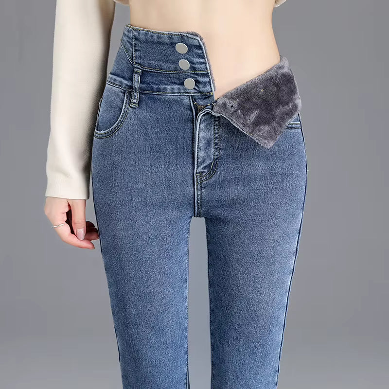 High-Quality Winter Thick Fleece High-Waist Warm Skinny Jeans Thick Women Stretch Button Pencil Pants Mom Casual Velvet Jeans
