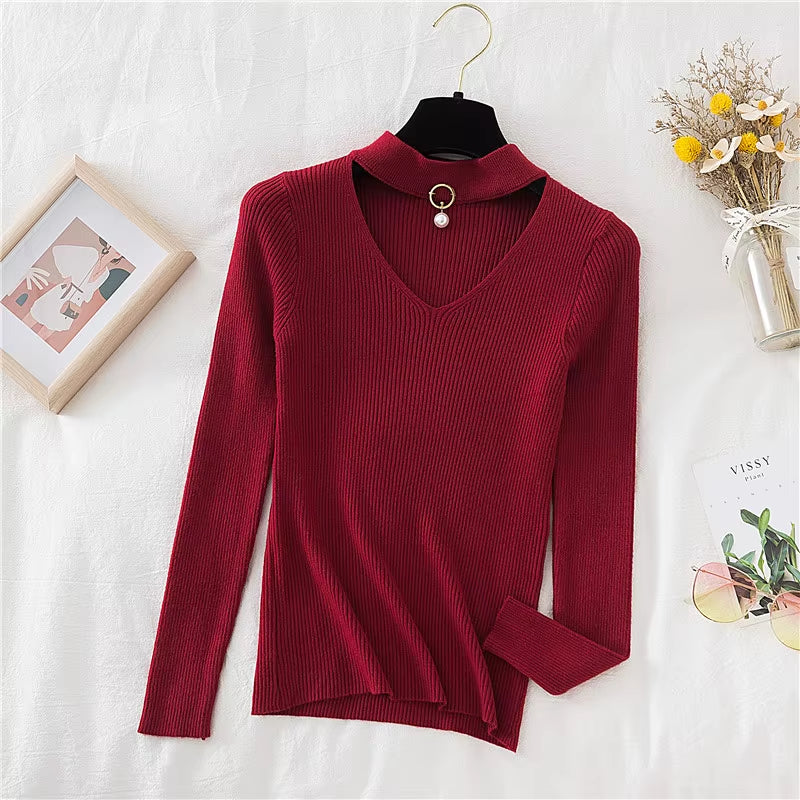 2026 Basic V-Neck Beading Solid Autumn Winter Sweater Pullover Women Knitted Sweaters Slim Stretch Badycon Jumper Mujer