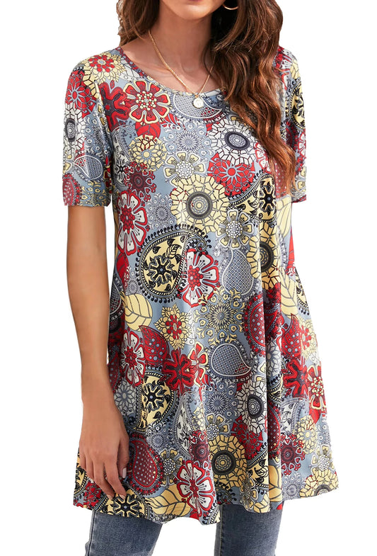 plus Size Womens Tunic Tops Short Sleeve Casual Floral Shirts Swing Flare Dressy Blouses