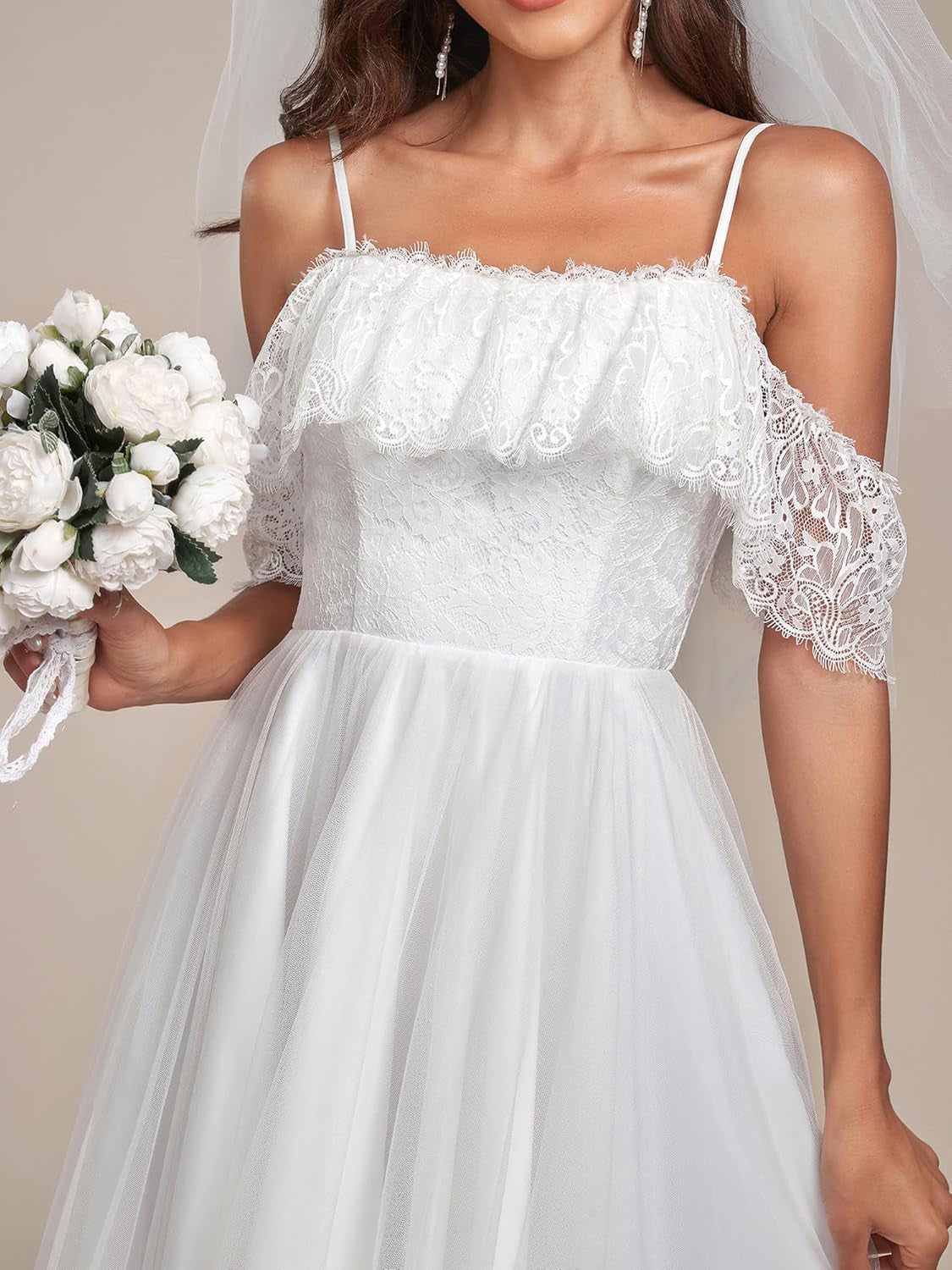 Wedding Dress Women'S a Line off Shoulder High Low Spaghetti Straps Lace Bridal Dress 90340