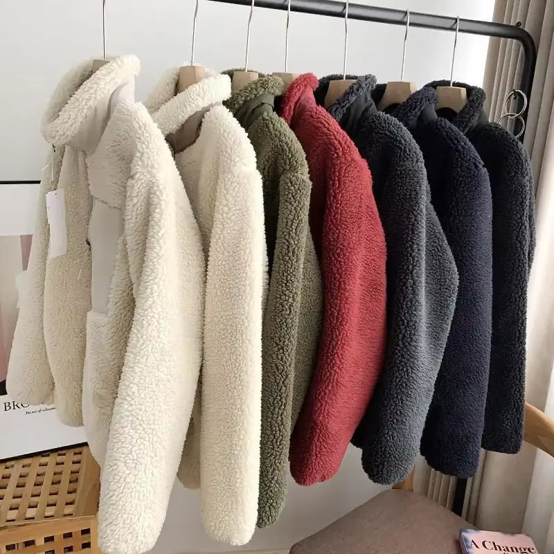 Autumn and Winter Japanese Men'S and Women'S Fleece Stand Neck Jacket Couple Zipper Loose Warm Lamb Wool Coat Solid Color Jacket