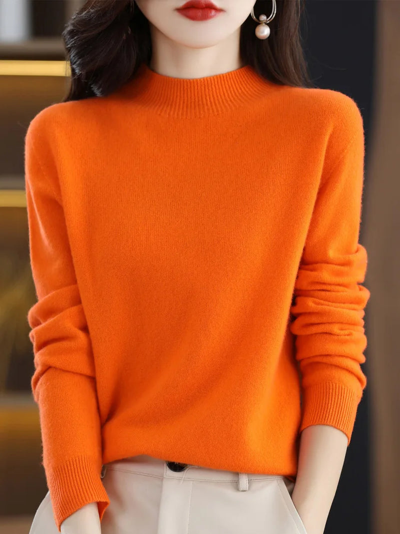 100% Merino Wool Cashmere Sweater Women'S Sweater Semi-High-Necked Long-Sleeved Pullover New Warm Pullover in Autumn and Winter.