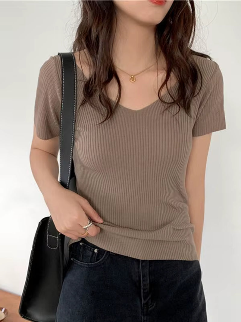 2026 Basic V-Neck Solid Thin Summer Pullover Women Female Knitted Ribbed Sweater Slim Short Sleeve Bodycon Sweater