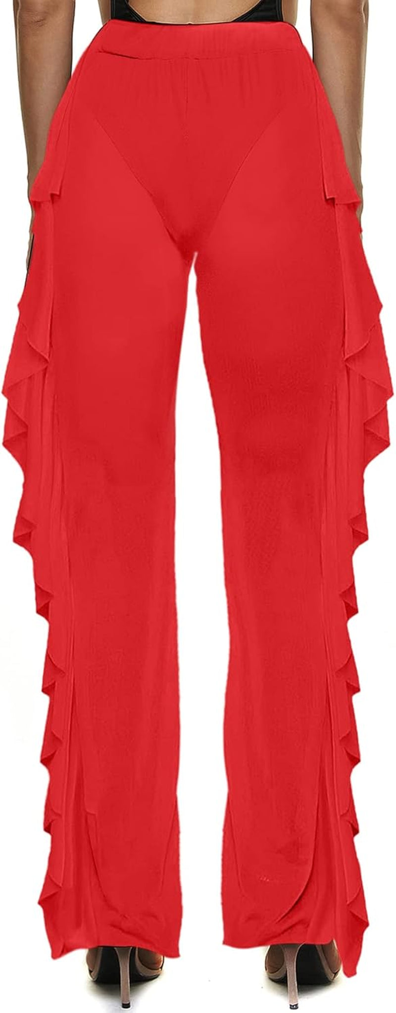 Women'S Perspective Sheer Mesh Ruffle Pants Swimsuit Bikini Bottom Cover up Pants