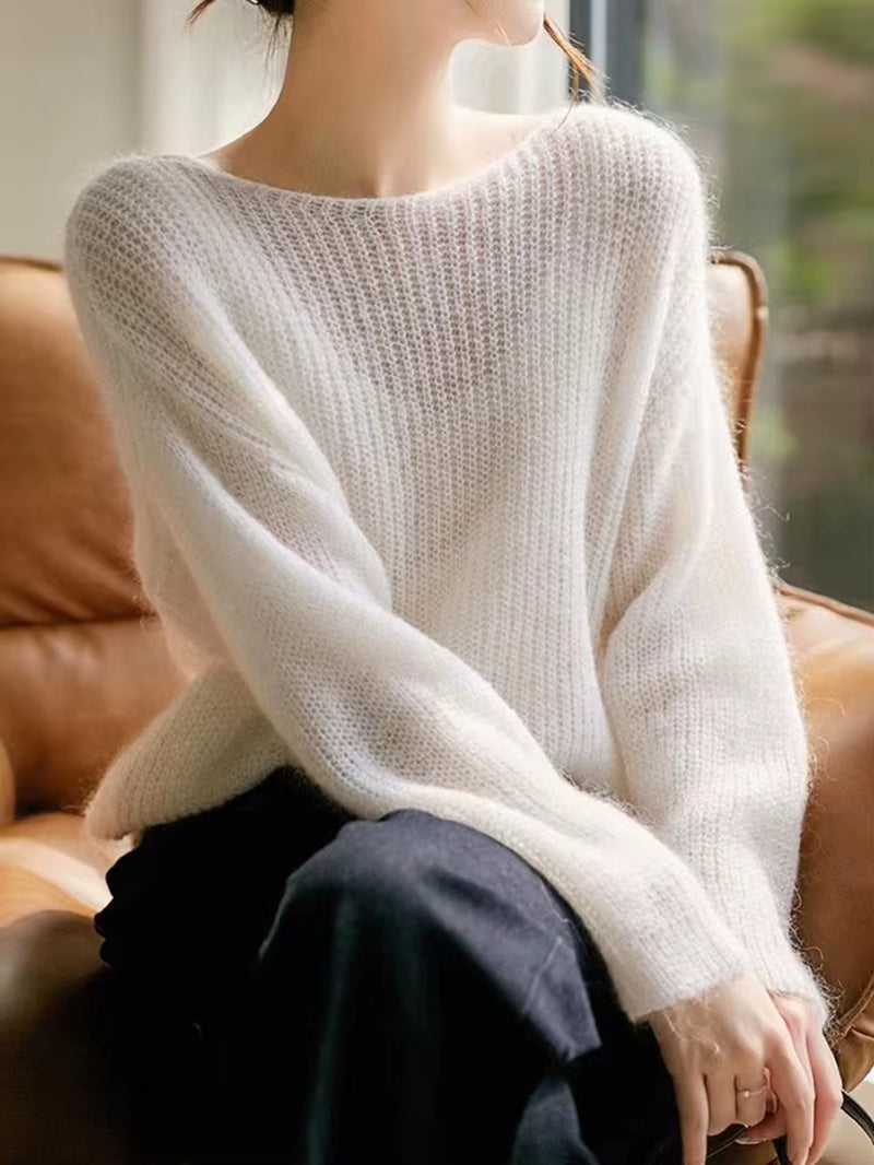 Elegant See-Through Women Sweater Pullover Loose Jumper Autumn Winter Soft Warm Women Knitwear Sweater Basic Solid Cashmere Tops